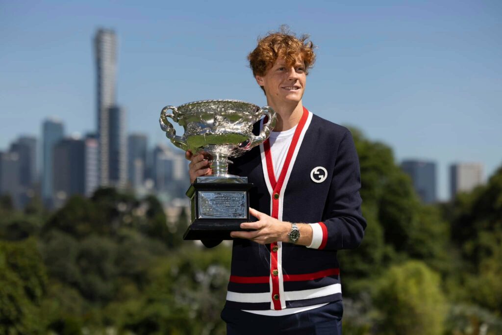 January 29: 2024 Australian Open winner Jannik Sinner (ITA) in the Royal Botanic Gardens for trophy shoot  on Monday, January 29, 2024. Photo by TENNIS AUSTRALIA/ FIONA HAMILTON